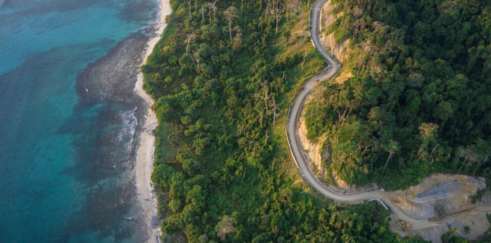 Breathtaking aerial view of winding coastal road along lush forest and vibrant ocean in AN, India.