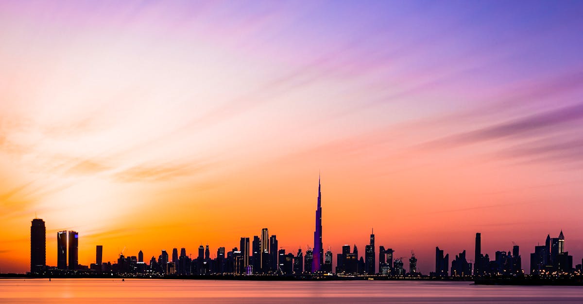 Beautiful view of the Dubai skyline featuring Burj Khalifa during a colorful sunset.