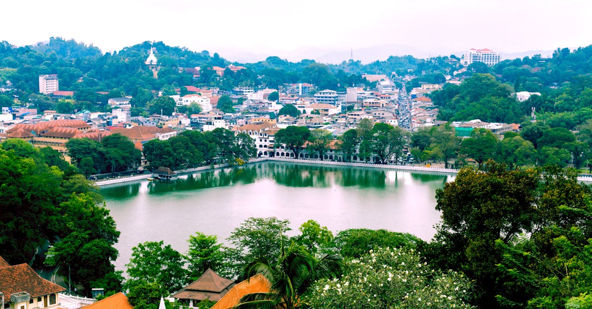 A picturesque view of Kandy city with its lush landscapes and serene lake, Sri Lanka.